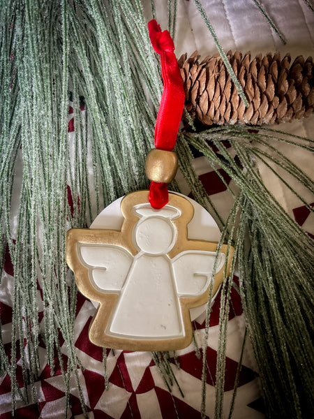 Nancy Angel Ornament: Golden Edge with Red Ribbon